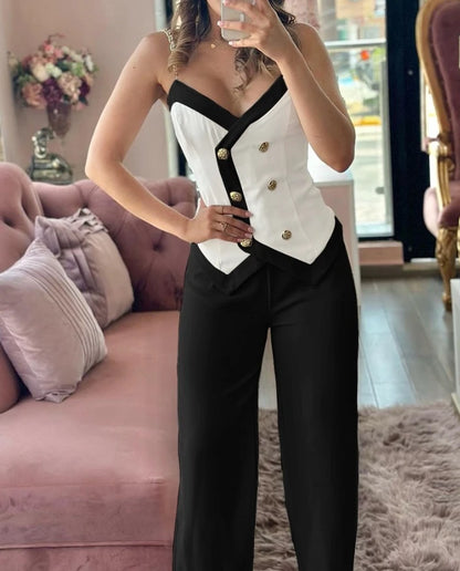 Women'S Sexy Double Breasted Chain Strap Cami Top & Casual High Waist Leg Pants Set Female Fashion Trousers Sets 2 Piece Outfits