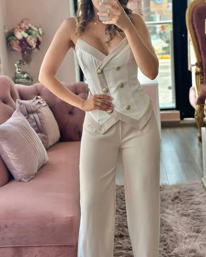 Women'S Sexy Double Breasted Chain Strap Cami Top & Casual High Waist Leg Pants Set Female Fashion Trousers Sets 2 Piece Outfits