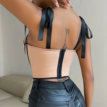 Women Lace up Straps Crop Tops Patchwork Stripe Sexy Tank Top Beach Camis Streetwear Tube Tops Women 2024 Spring Summer