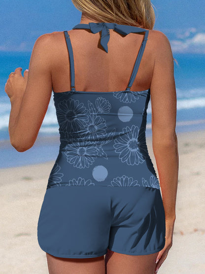 Navyblue Line Flower Print Halter Patchwork Mid Waisted Tankini Short Set Swimsuit