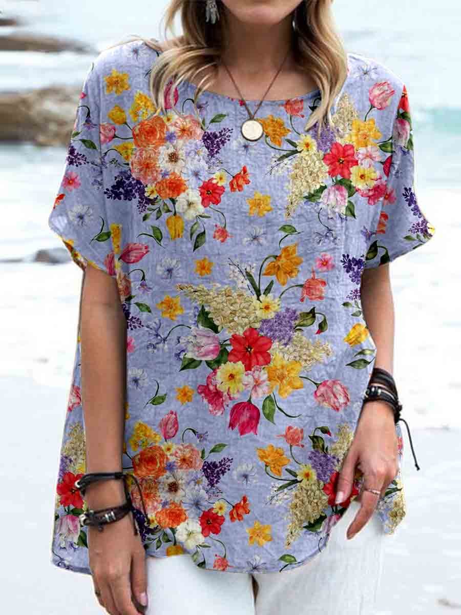 Haut élégant en lin à imprimé floral vintage pour femme 