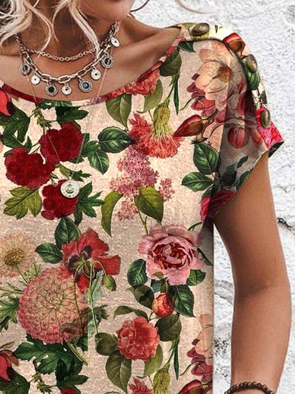 T-shirt en coton à manches courtes et col rond avec imprimé floral pour femme 