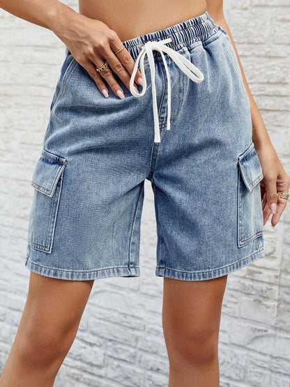 Short en jean taille élastique à lacets effet usé pour femme 