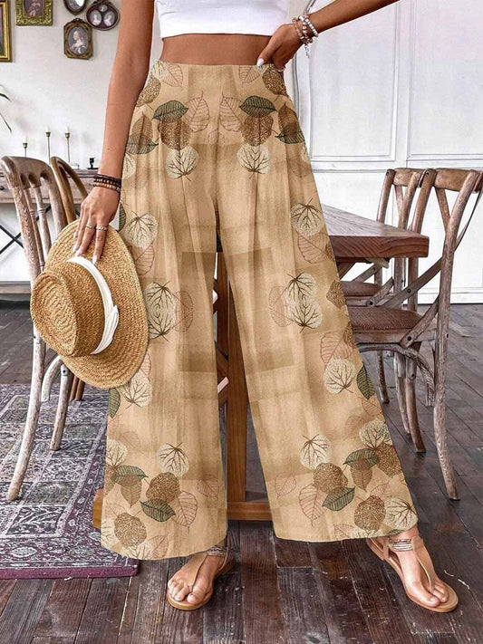 Women's Vintage Leaf Print Pattern Cotton Wide Leg Pants