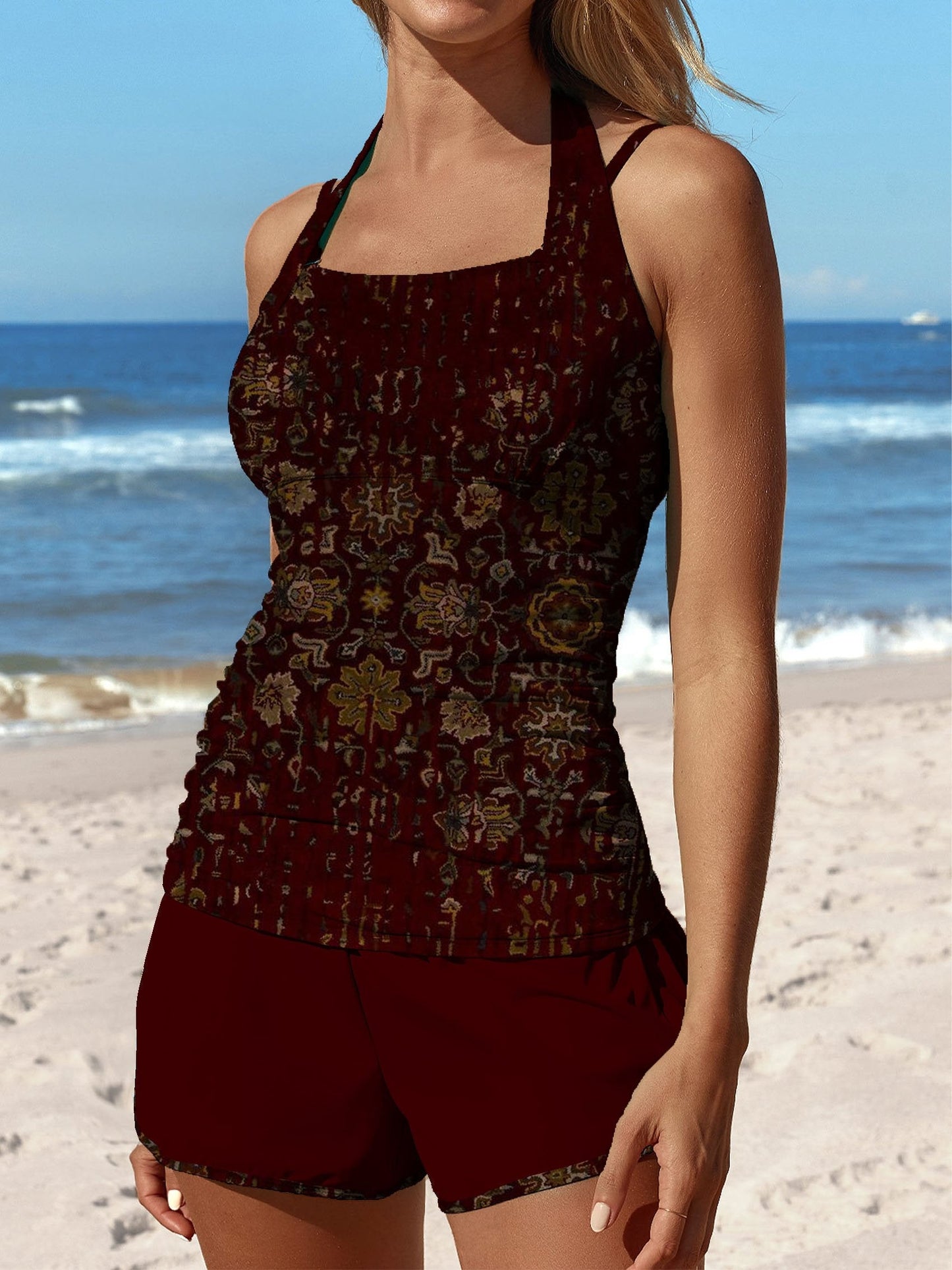 Deep Red Vintage Scatter Pattern Print Halter Patchwork Mid Waisted Tankini Short Set Swimsuit