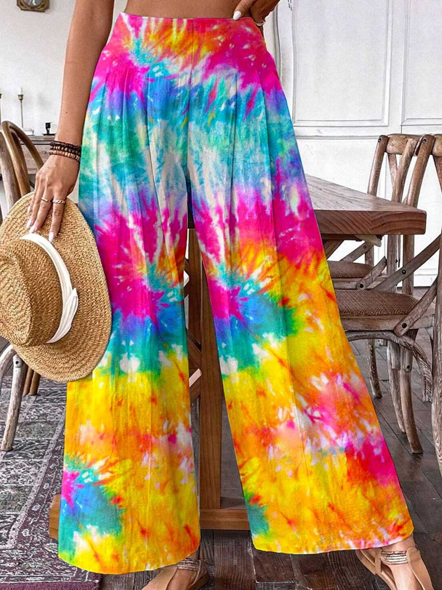 Pantalon large en coton à imprimé tie-dye arc-en-ciel pour femme