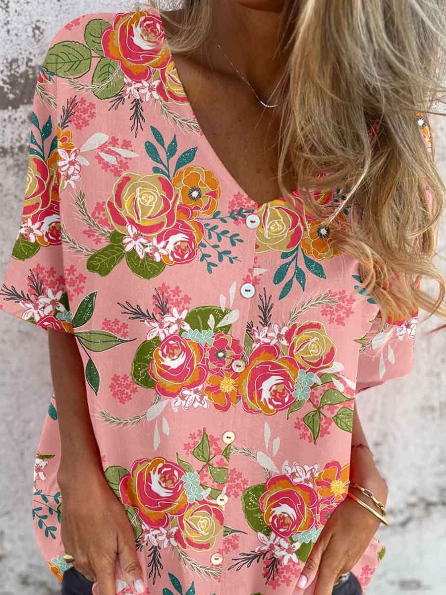 Haut élégant en coton et lin à motif floral pour femme 