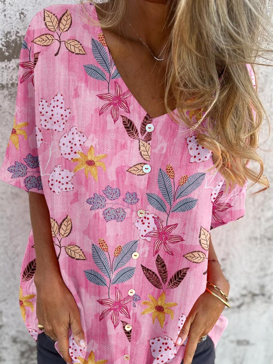 Women's Elegant Floral Pattern Shirt Style Cotton and Linen Top