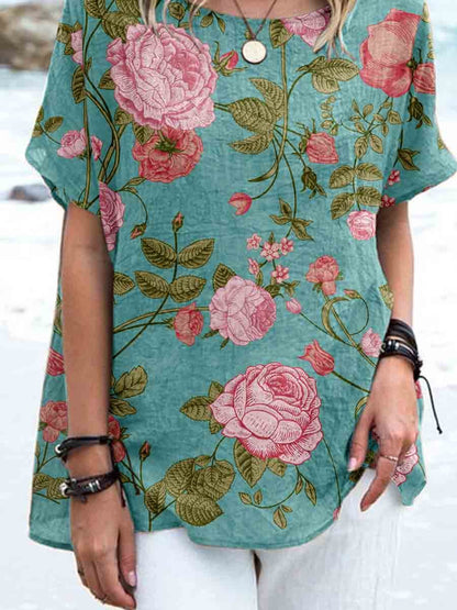 Women's Elegant Vintage Rose Floral Print Linen Top