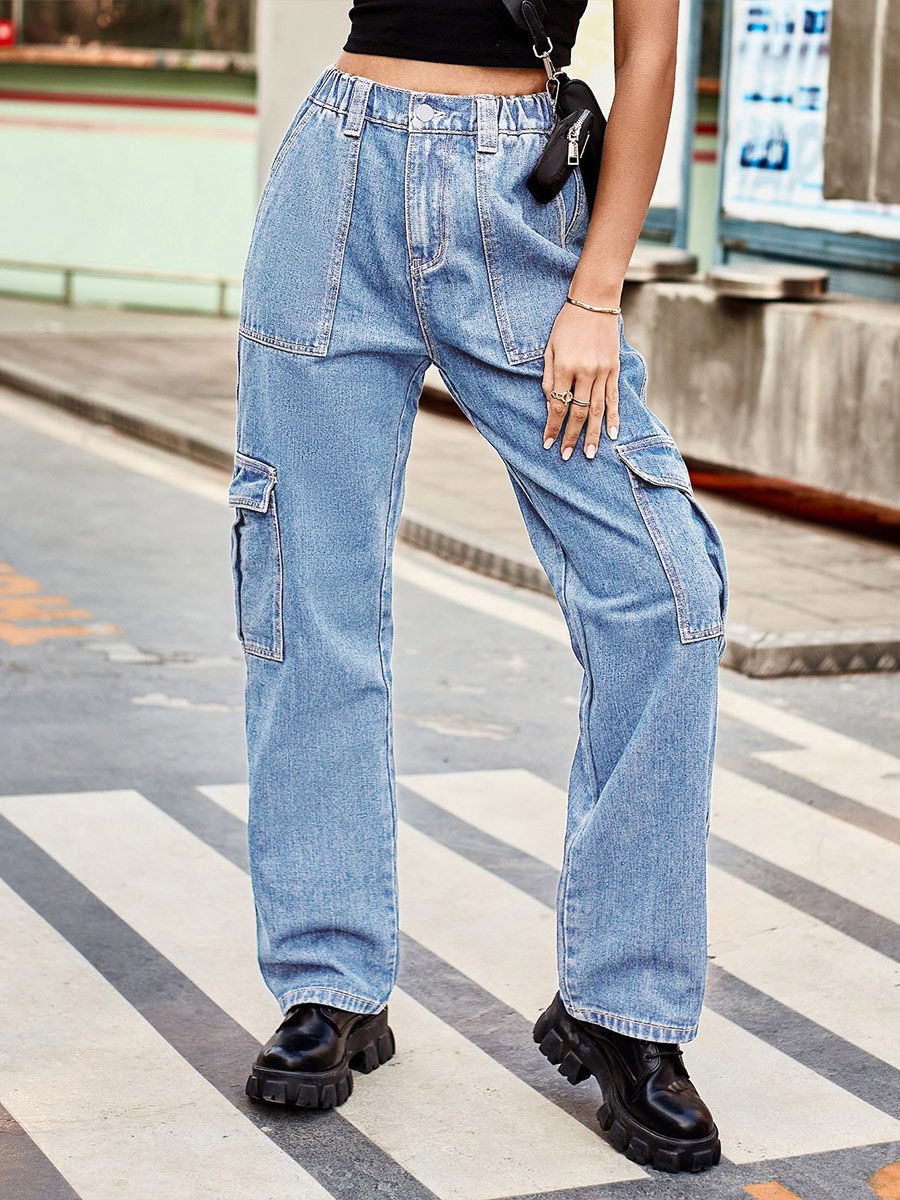 Women's Washed Elastic Waist Denim Overalls