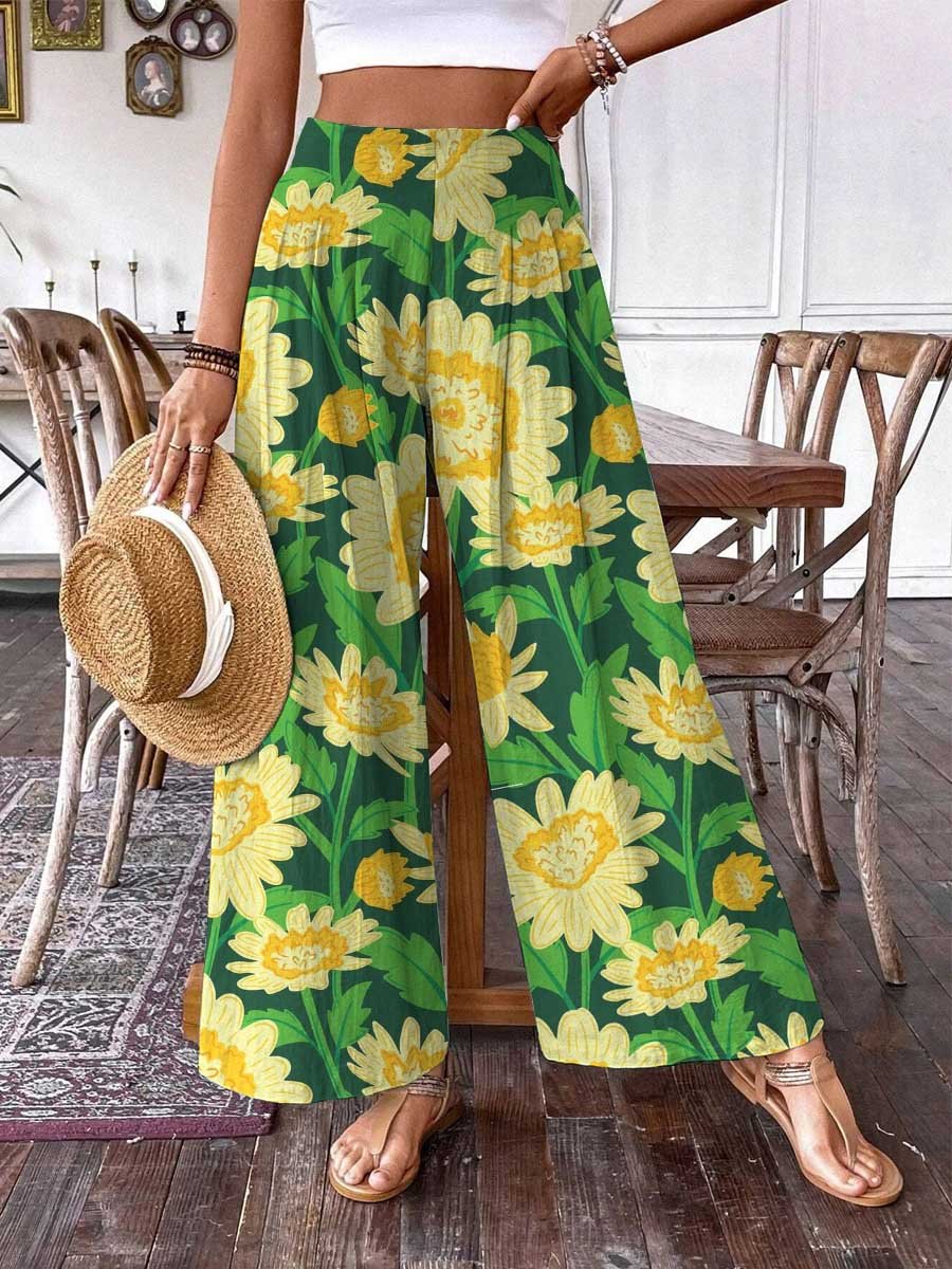 Women's Art Sunflower Floral Pattern Cotton and Linen Pants