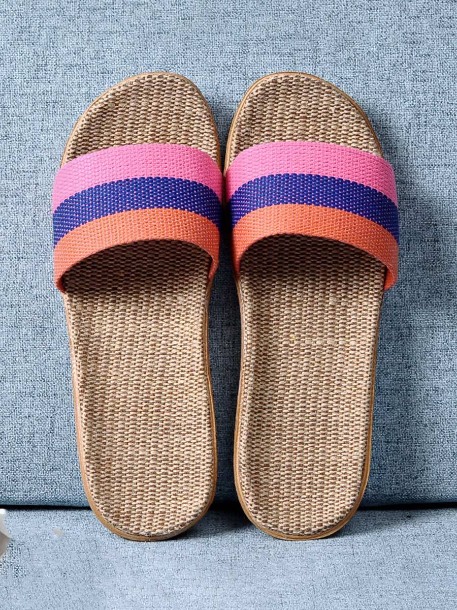 Chaussons d'intérieur antidérapants à semelle épaisse en lin rayé pour femmes 