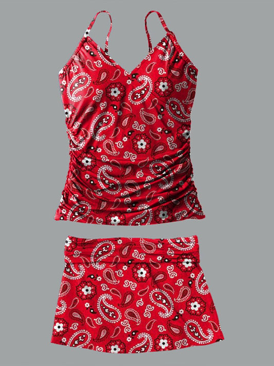 Maillot de bain à col en V avec imprimé cachemire et fleurs de cajou rouges 