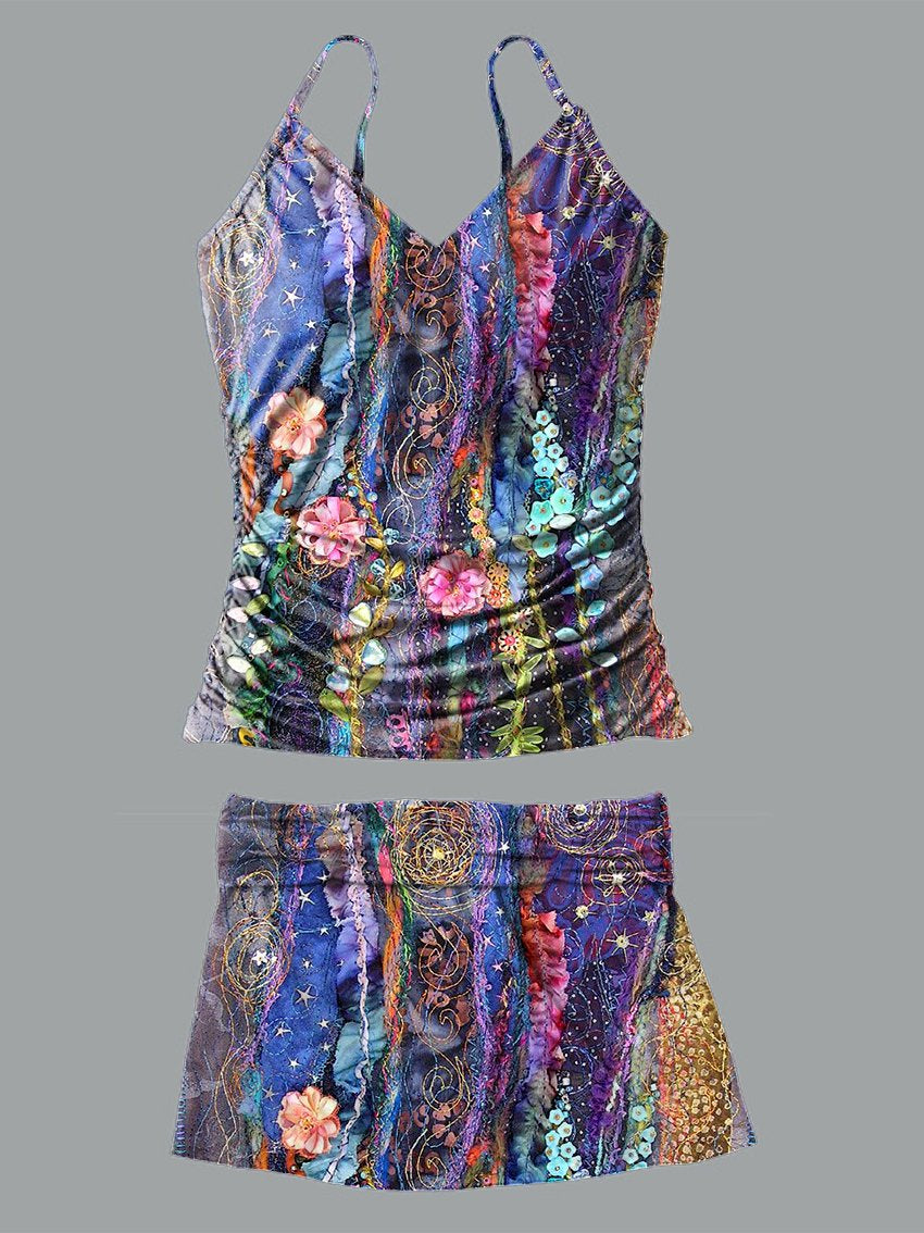 V-Neck Multicolor Flower Print Suspender Skirt Tankini Pantskirt Set Swimsuit