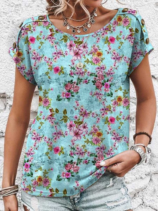 T-shirt en coton à manches courtes et col rond avec imprimé floral pour femme 