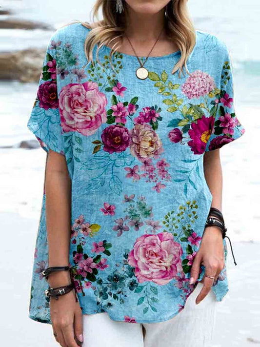 Women's Elegant Vintage Rose Floral Print Linen Top