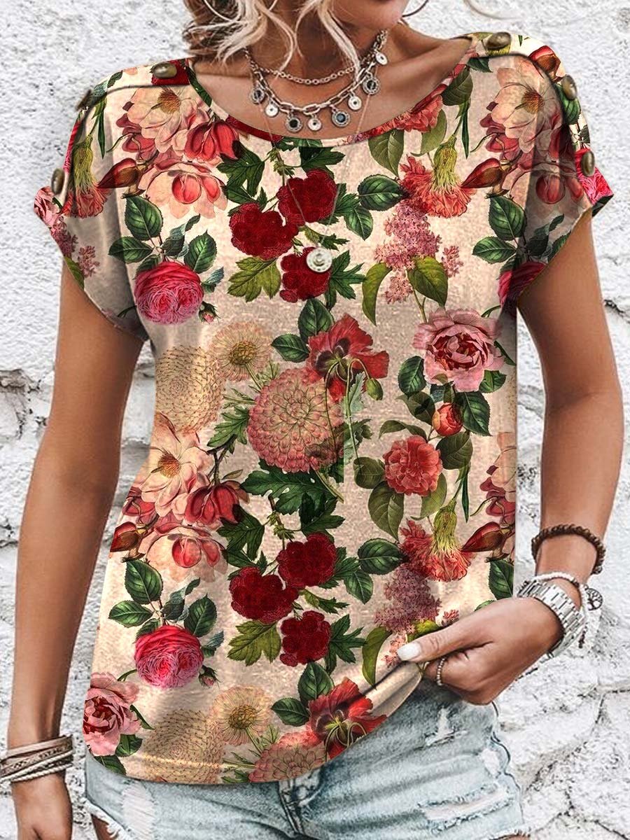 T-shirt en coton à manches courtes et col rond avec imprimé floral pour femme 