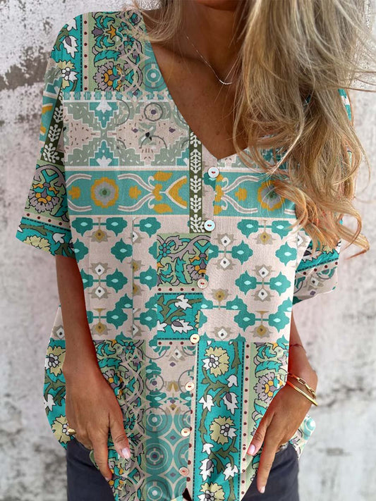 Women's Elegant Vintage Floral Pattern Shirt Style Cotton and Linen Top