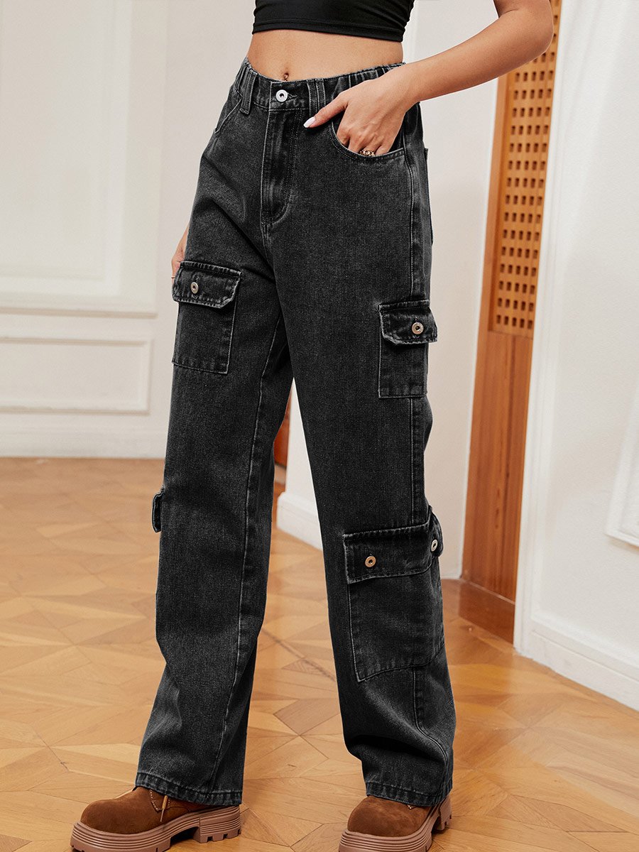 Women's Distressed Multi-Pocket Denim Cargo Pants