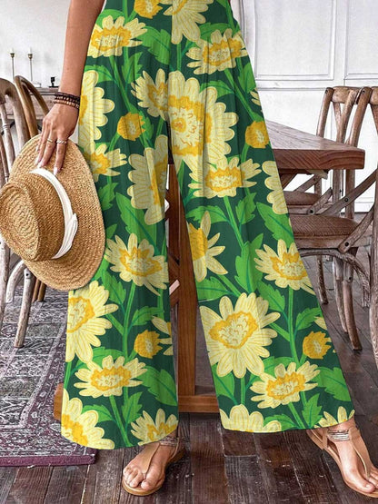 Women's Art Sunflower Floral Pattern Cotton and Linen Pants