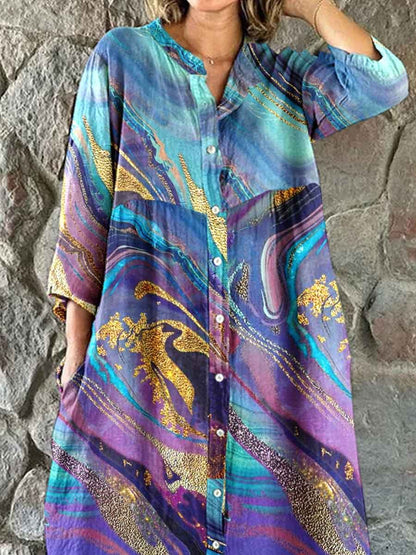 Women's Art Fluid Gilt Pattern Shirt Style Cotton And Linen Dress