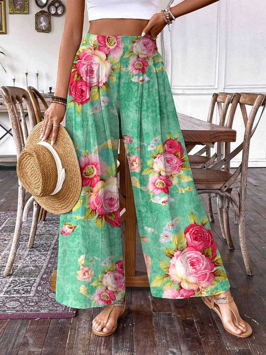 Women's Rose Floral Pattern Cotton and Linen Pants