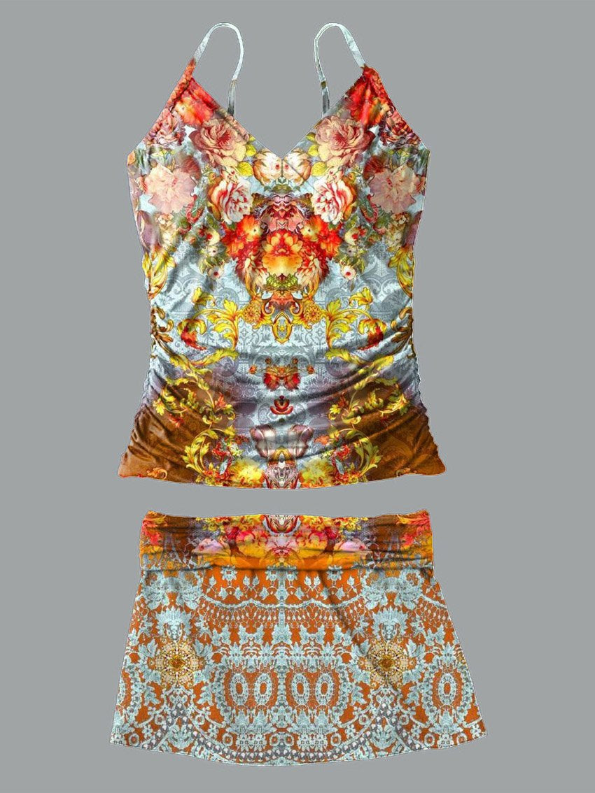 V-neck Orange Symmetrical Flowers Retro Print Suspender Skirt Tankini Pantskirt Set Swimsuit