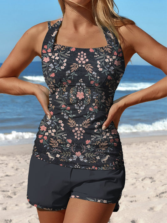 Maillot de bain tankini taille moyenne à imprimé floral symétrique gris et patchwork 