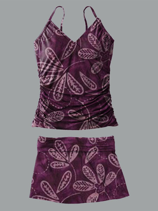 Maillot de bain tankini à col en V et imprimé floral pour femme avec jupe à bretelles et teinture par nouage 