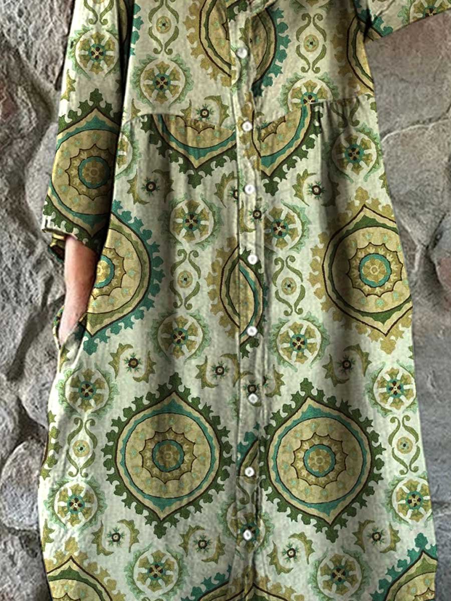 Women's Boho Pattern Shirt Style Cotton and Linen Dress