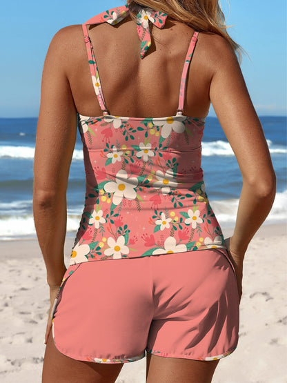 Pink Paisley Cashew Flowers Print Halter Patchwork Mid Waisted Tankini Short Set Swimsuit