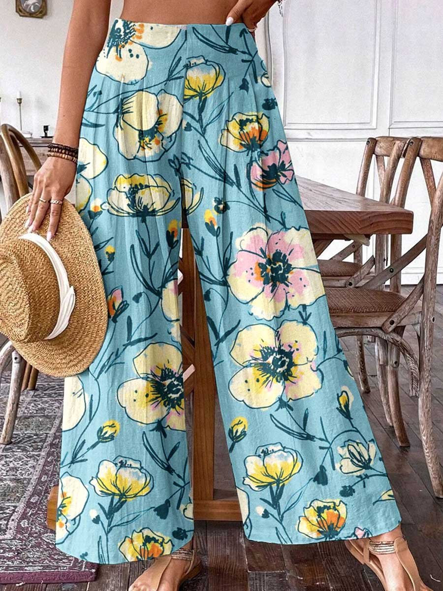 Pantalon large en coton à imprimé floral pour femme