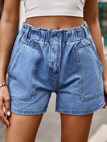 Short en jean décontracté délavé à taille élastique rétro pour femme 