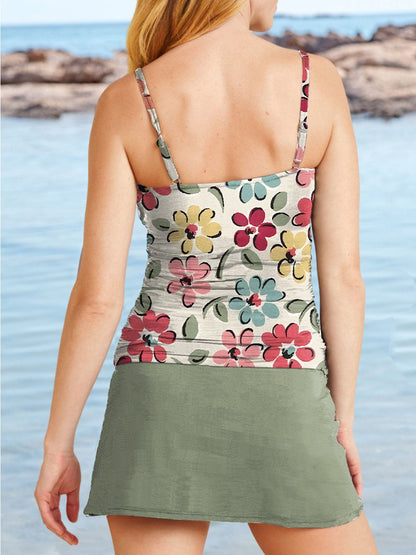 Maillot de bain à imprimé floral multicolore à col en V avec jupe à bretelles et pantalon tankini 