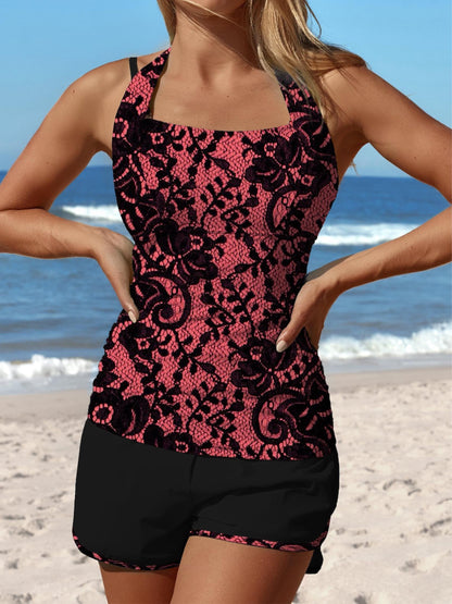 Maillot de bain tankini taille moyenne à imprimé floral rétro et patchwork 