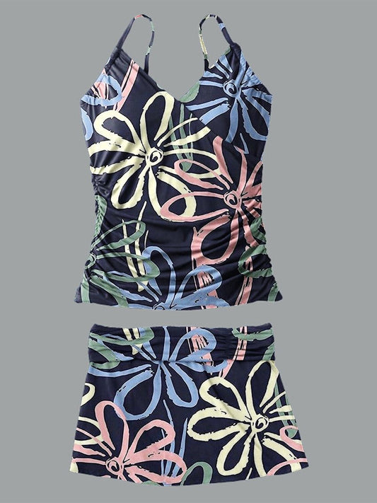 Maillot de bain tankini à bretelles et col en V pour femme avec imprimé floral 