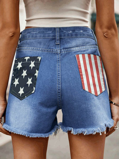 Women's American Flag Printed Washed Denim Shorts