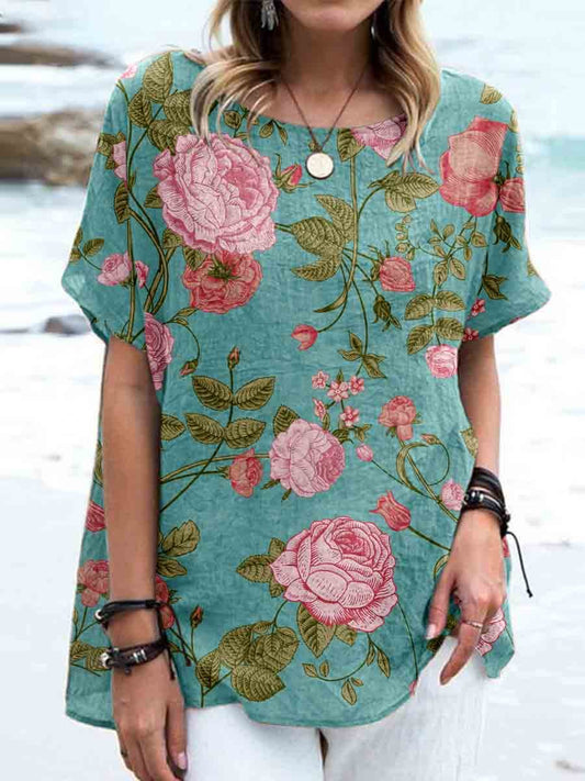 Women's Elegant Vintage Rose Floral Print Linen Top