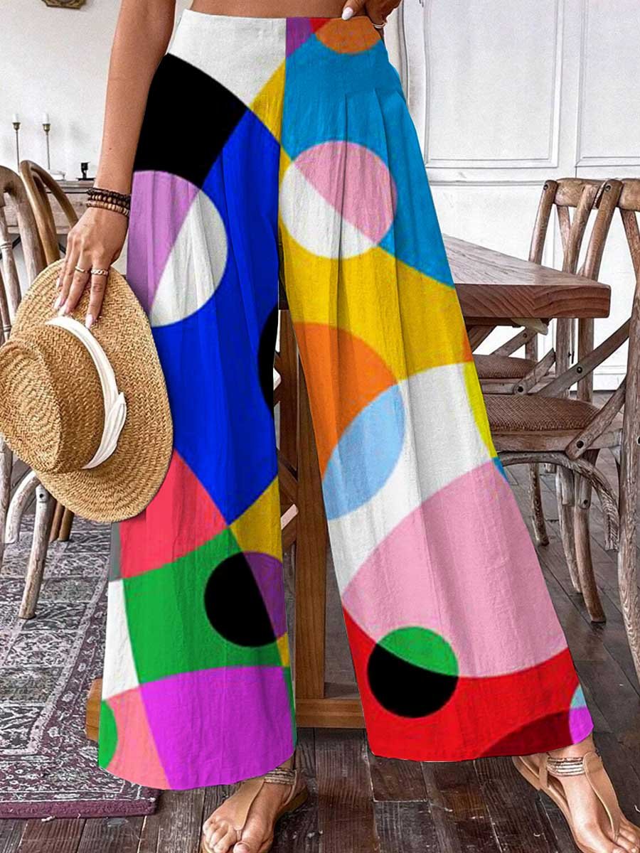 Women's Pop Art Geometric Rainbow Color Pattern Cotton And Linen Pants