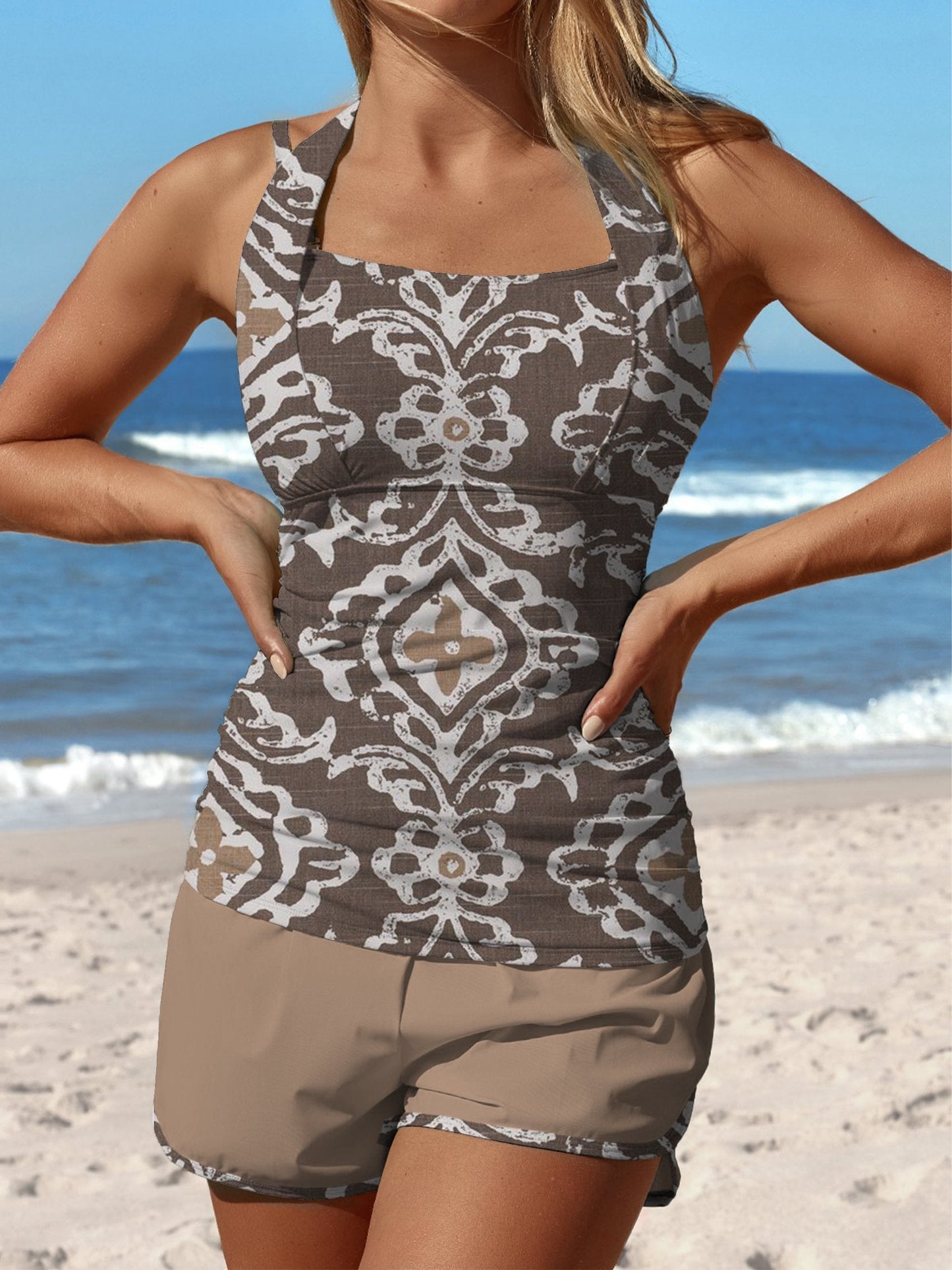 Maillot de bain tankini taille moyenne à imprimé floral géométrique rétro marron 