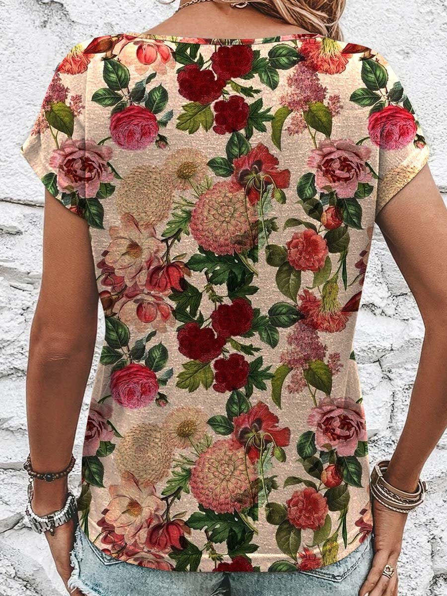 T-shirt en coton à manches courtes et col rond avec imprimé floral pour femme 