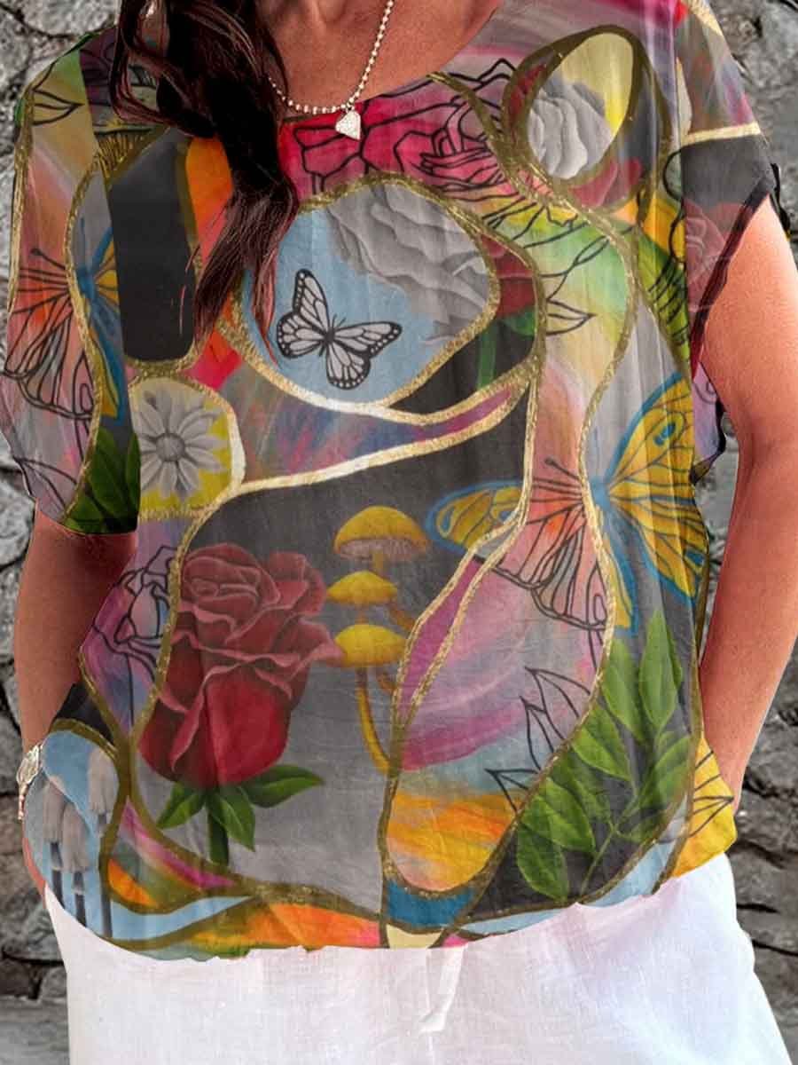 Haut à fleurs fendu à motif papillon doré géométrique rétro élégant pour femme 