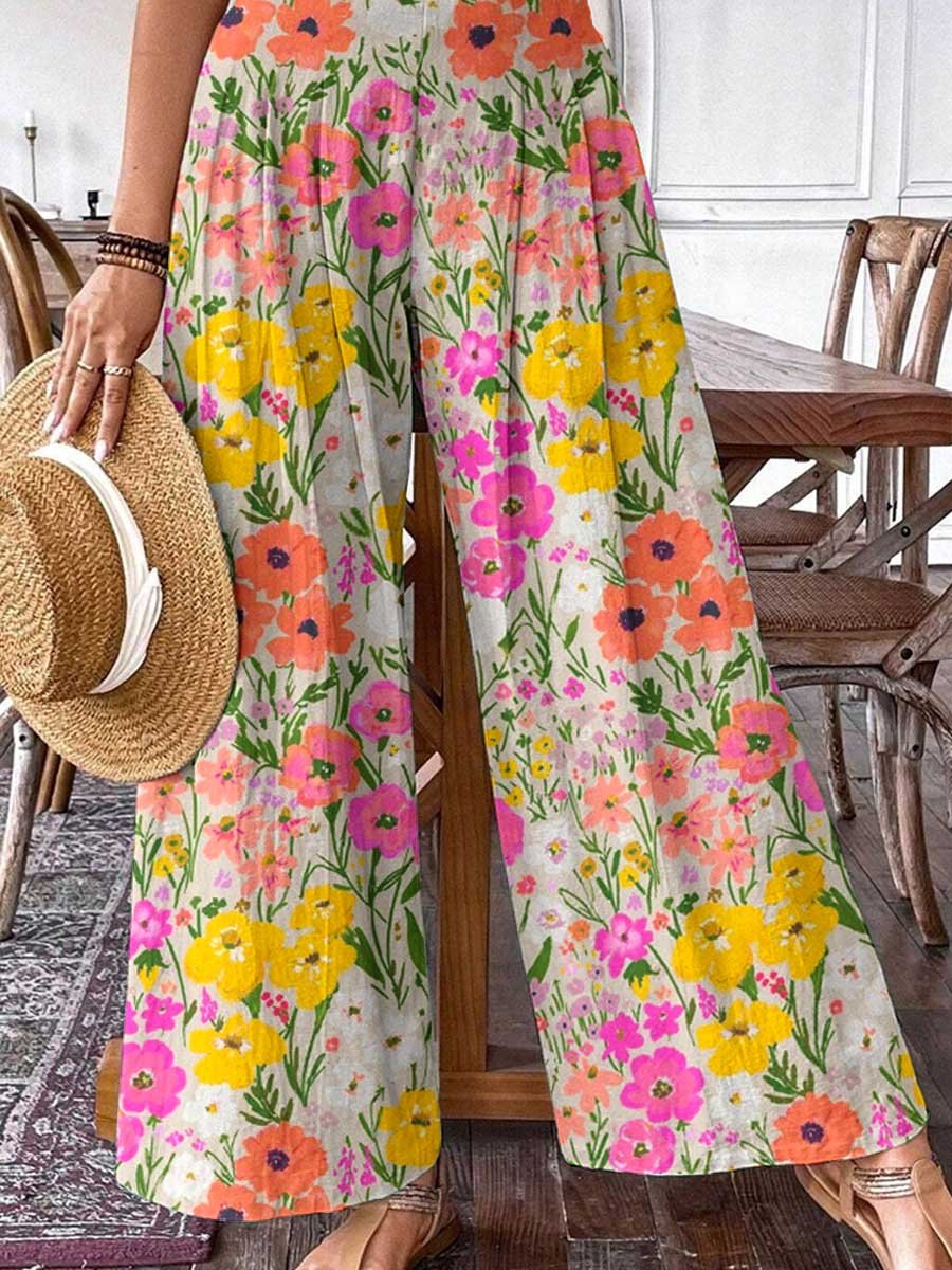 Women's Floral Print Graphic Cotton Wide Leg Pants