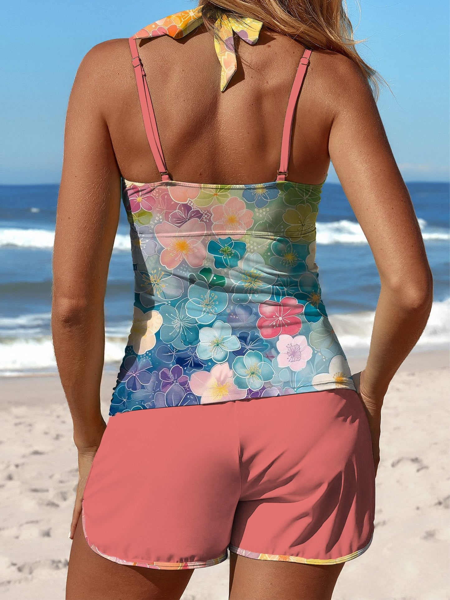 Vintage Gradient Flowers Illustration Art Print Halter Tops Tie At Neck Patchwork Mid Waisted Tankini Short Set Swimsuit