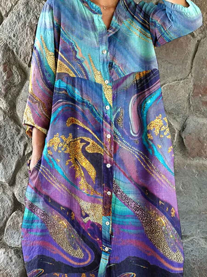 Women's Art Fluid Gilt Pattern Shirt Style Cotton And Linen Dress