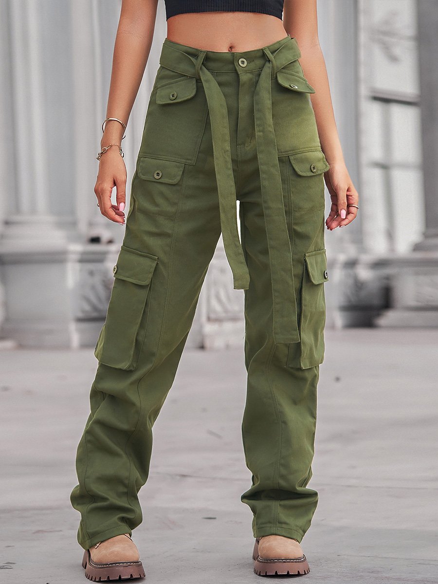 Women's Distressed Multi-Pocket Denim Cargo Pants