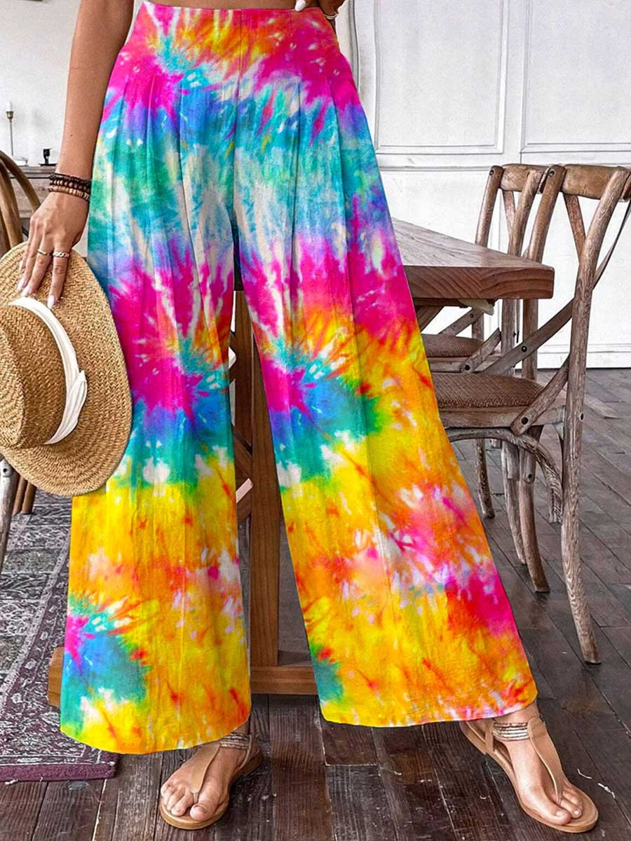 Pantalon large en coton à imprimé tie-dye arc-en-ciel pour femme