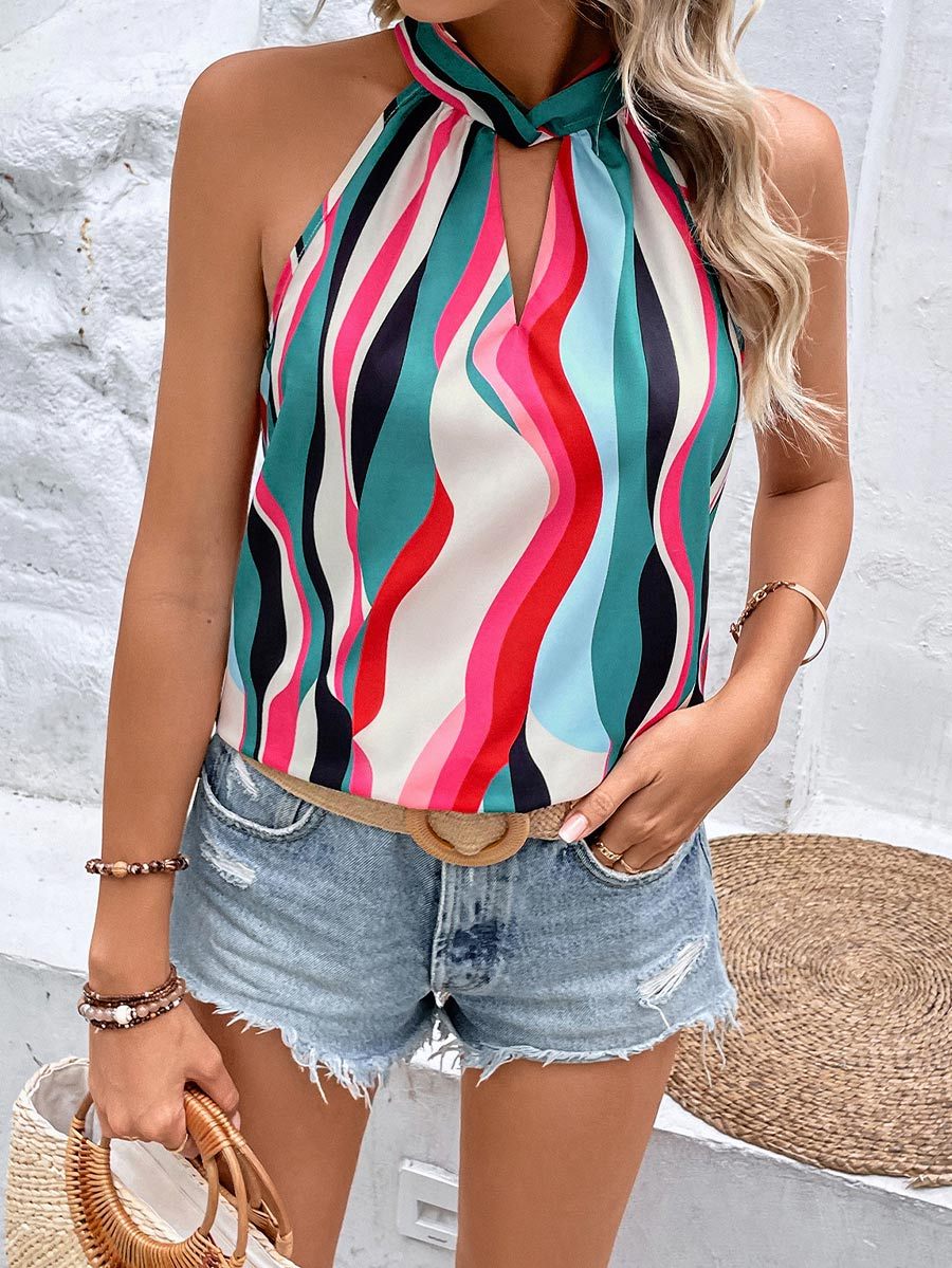 Women's Painted Printed Halter Striped Top