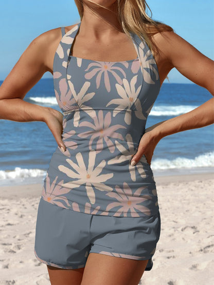 Maillot de bain tankini taille moyenne à imprimé floral et patchwork à licou et short gris et bleu 