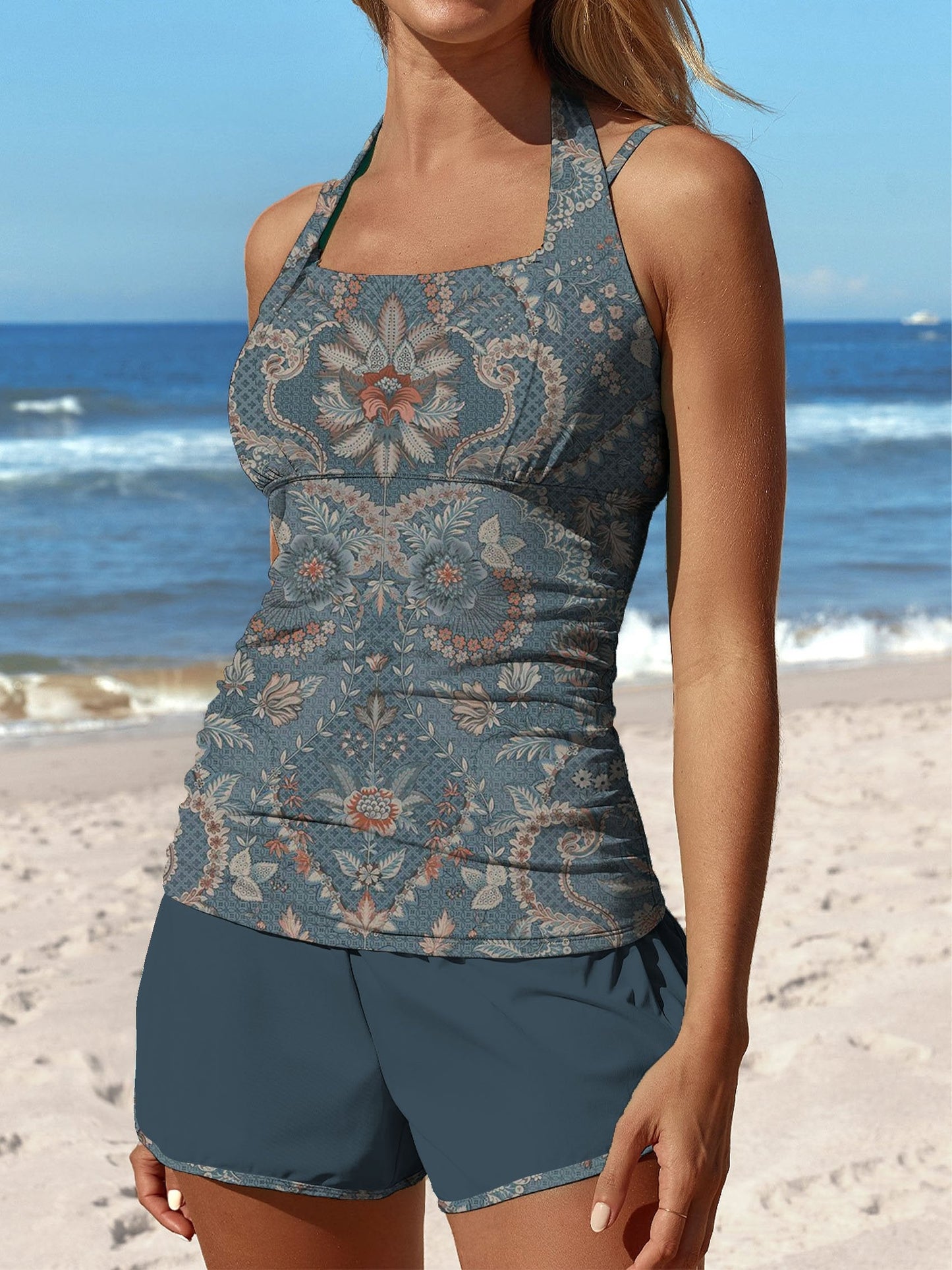 Dark Blue Prismatic Shade Flowers Print Halter Patchwork Mid Waisted Tankini Short Set Swimsuit